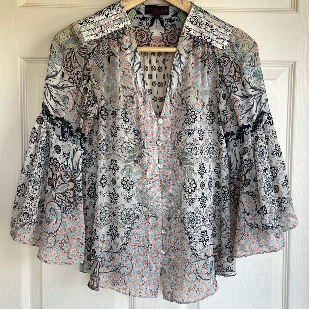 Hale Bob 100% Silk Bell Sleeve Button Blouse - XS - Picture 5 of 11